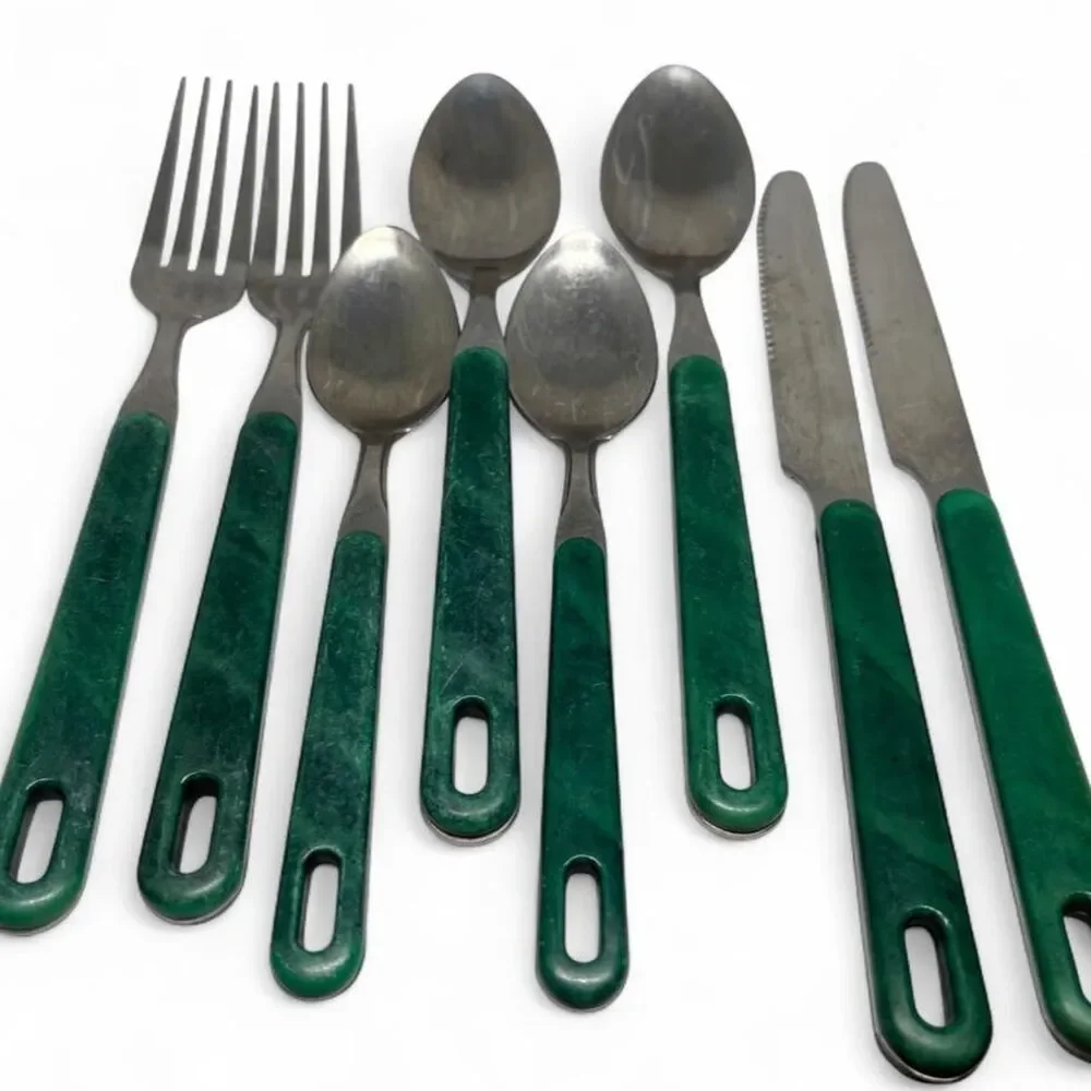 Vintage Retro Green Marbled Handle Flatware Set 8 Pc. Full Tang Stainless Steel